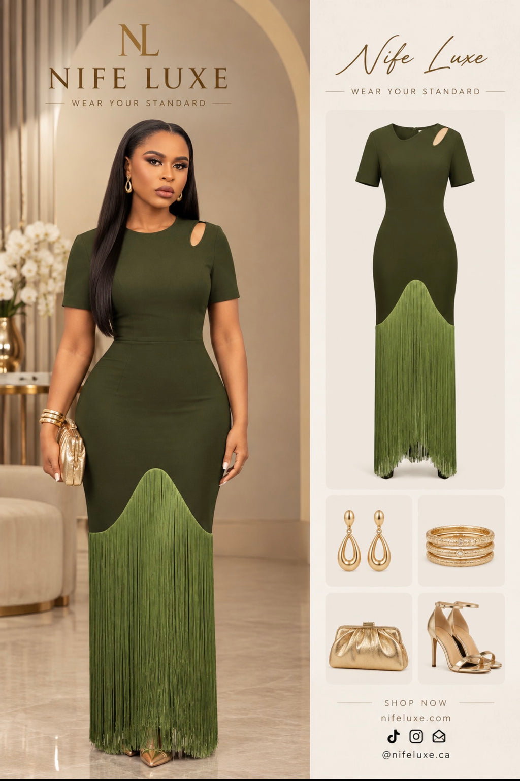 Olive Green Fringe Maxi Dress with Cutout Neckline Evening dress