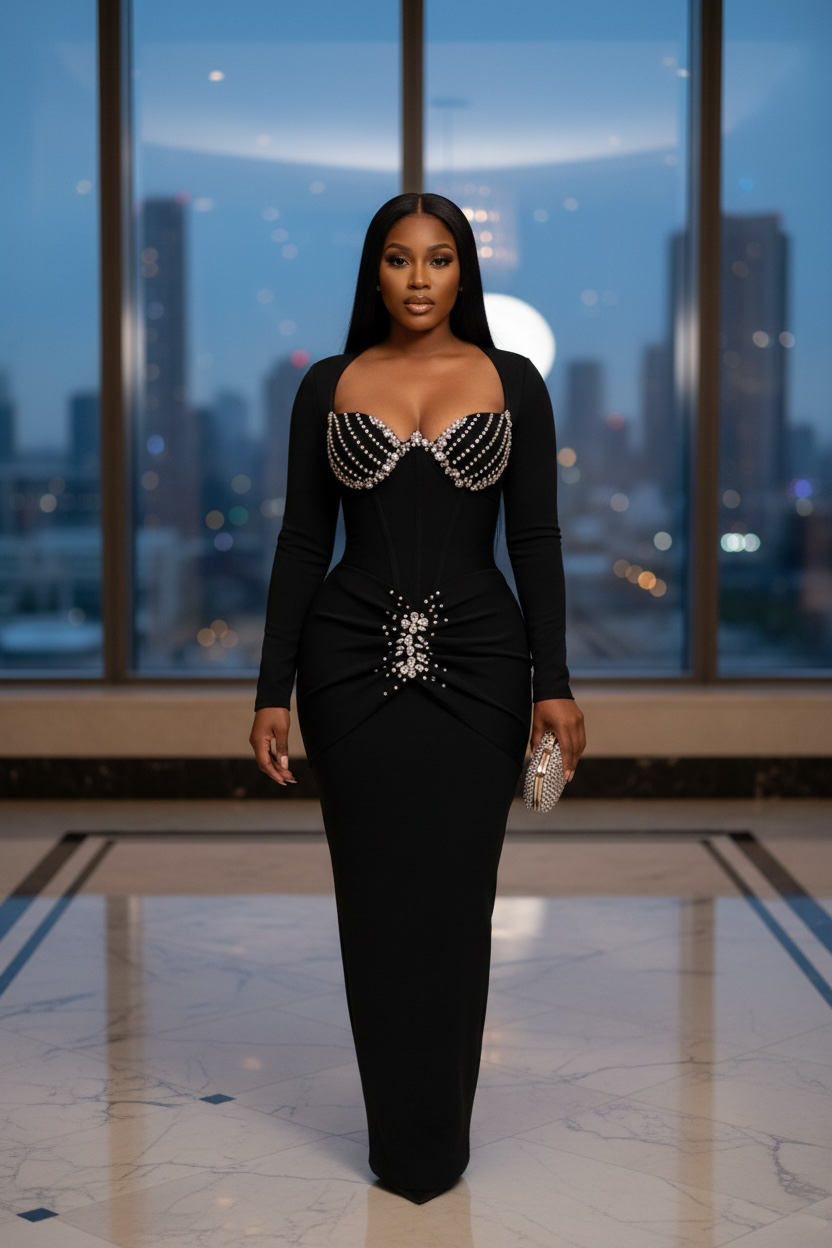 Black Bandage dress - Crystal bustier long sleeve