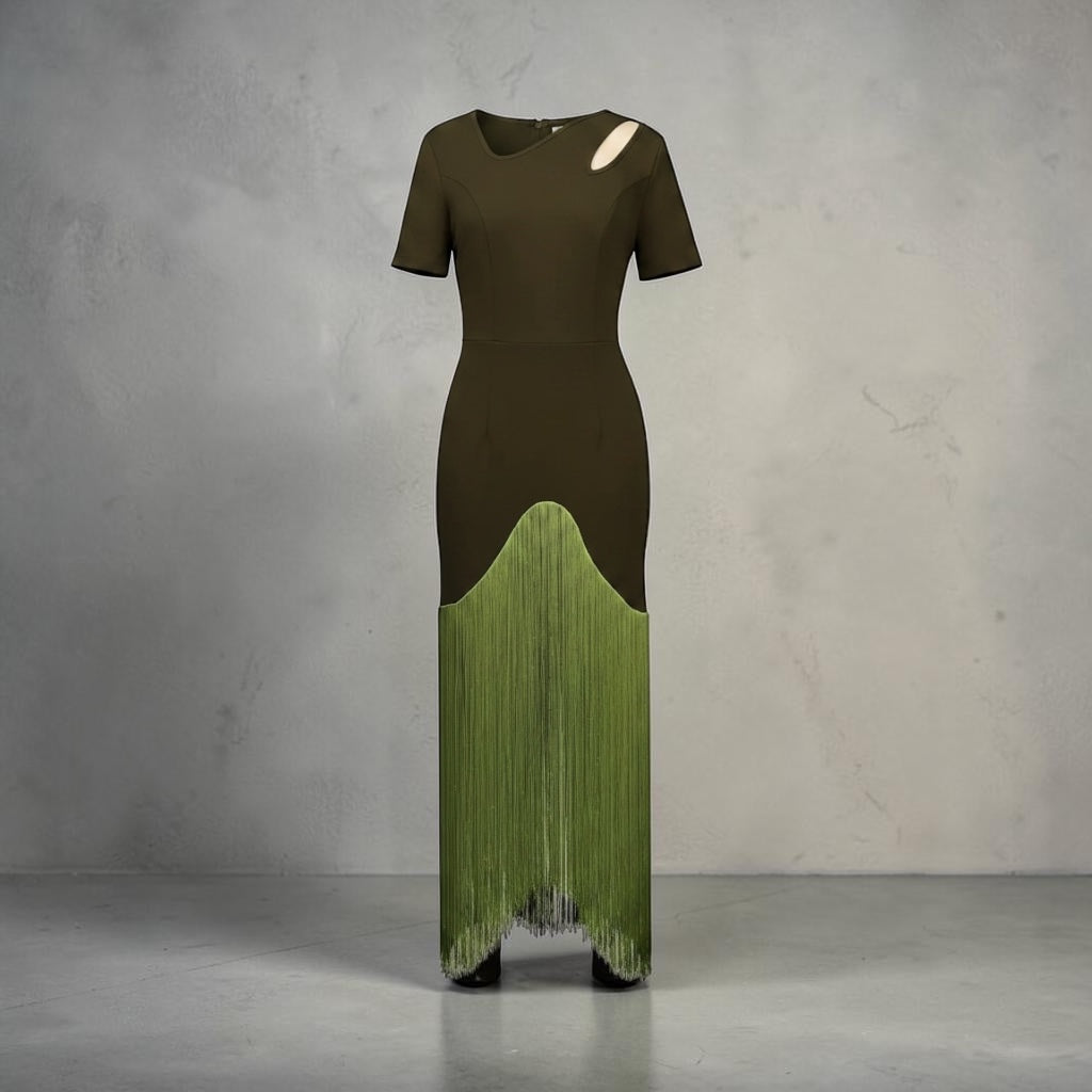 Olive Green Fringe Maxi Dress with Cutout Neckline Evening dress