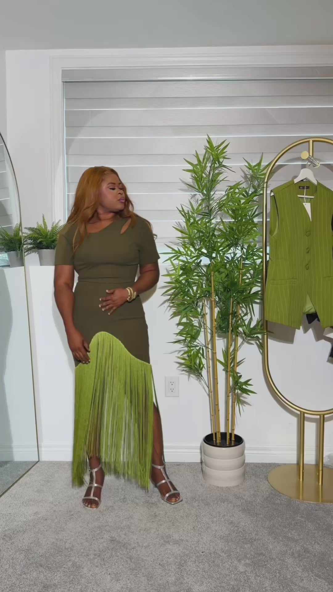 Olive Green Fringe Maxi Dress with Cutout Neckline Evening dress